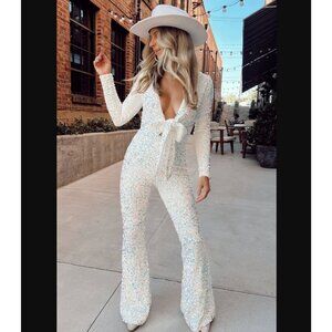 Show Me Your Mumu Martina Sequin Wrap Jumpsuit V-neck Tie Bachelorette Sz S